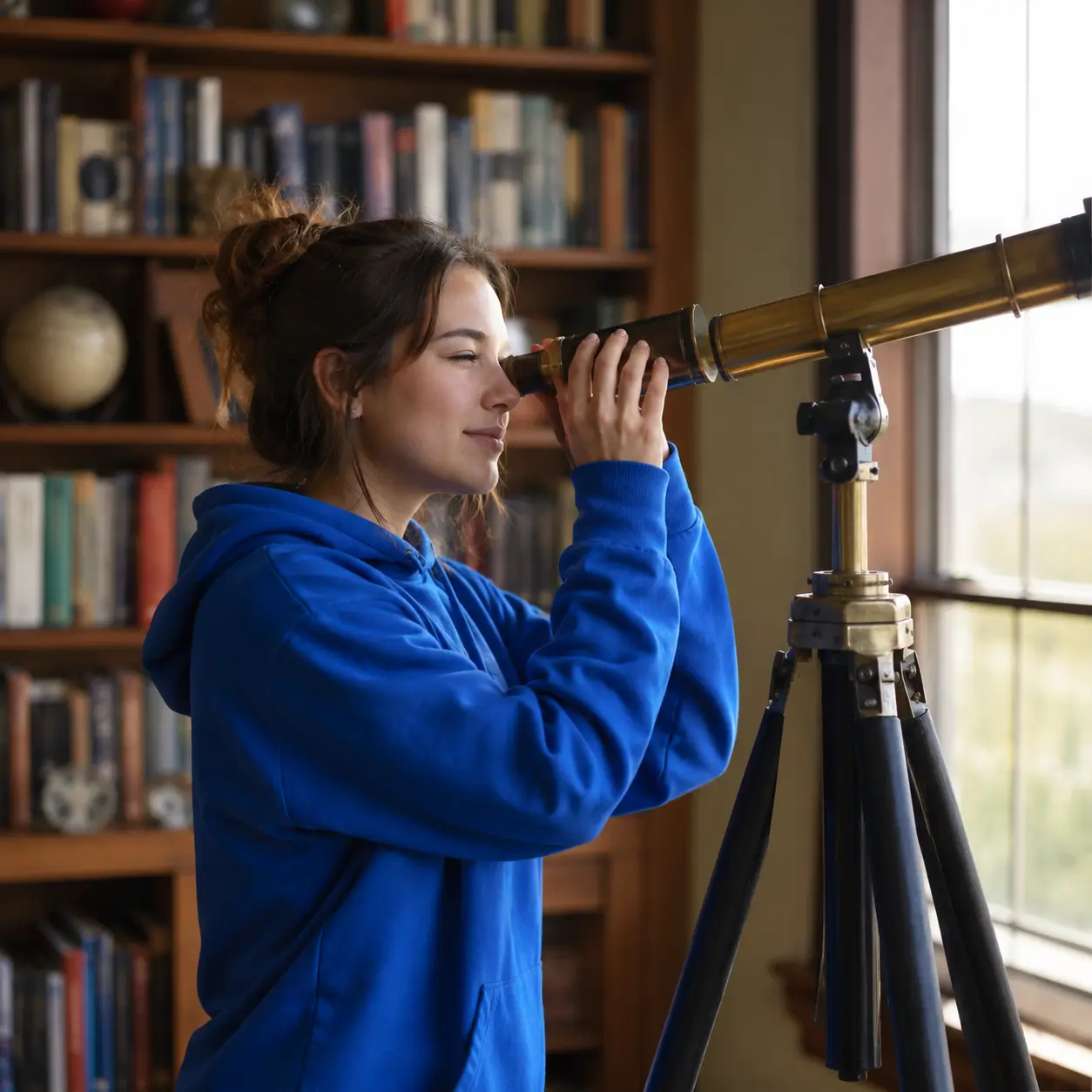 A student looking through a telescope